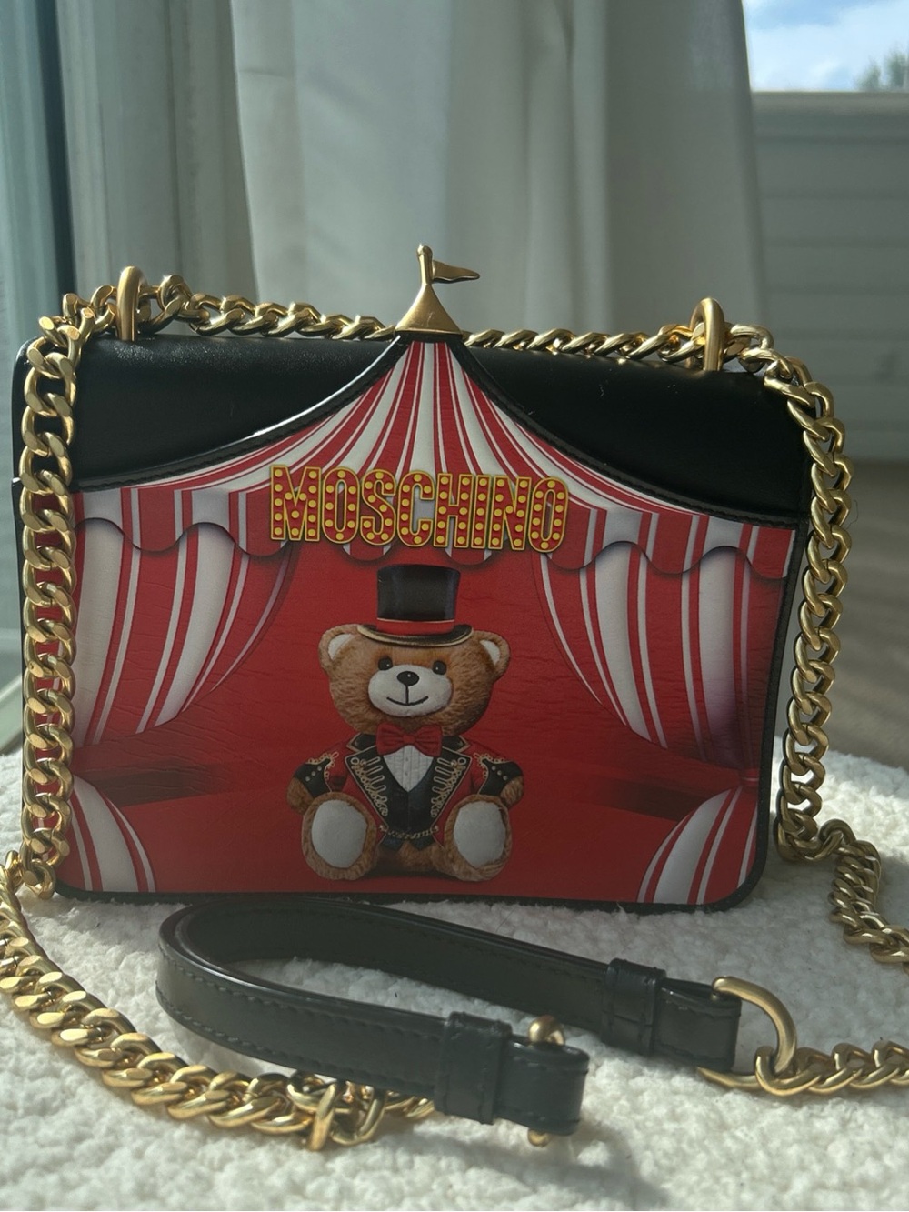 Moschino Black & Red Teddy Circus Shoulder Bag with Gold Chain Strap